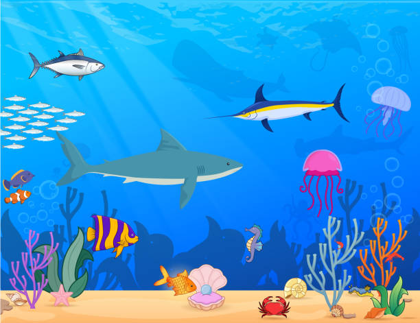 바다 밑바닥에서 물고기를 잡으세요. - vector reef coral shark stock illustrations