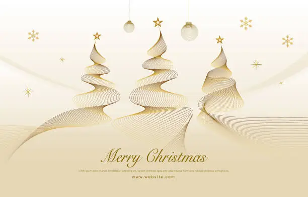 Vector illustration of Abstract elegant gold wave lines Christmas tree, with golden Christmas ornaments and sparkles in light background.