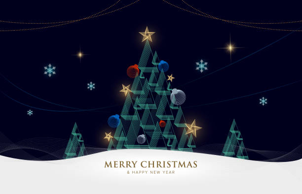 istock Abstract trendy geometric line art Christmas tree, with Christmas ornaments and shiny sparkles in black background. 1746770207