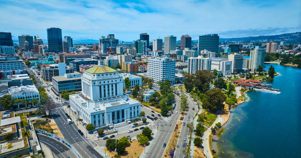 Wide view of Oakland City in California with aerial of Alameda County Superior Courthouse Image of Wide view of Oakland City in California with aerial of Alameda County Superior Courthouse oakland california stock pictures, royalty-free photos & images