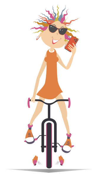 スマートフォンを持つサイクリングの若い女性 - bicycle isolated white background cycling点のイラスト素材／クリップアート素材／マンガ素材／アイコン素材