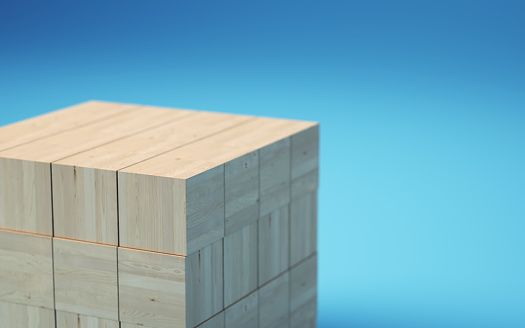 3d Render Cube Formation Made of Wooden Blocks on Soft Blue Background, Success, business, architectural, Growth Concept.