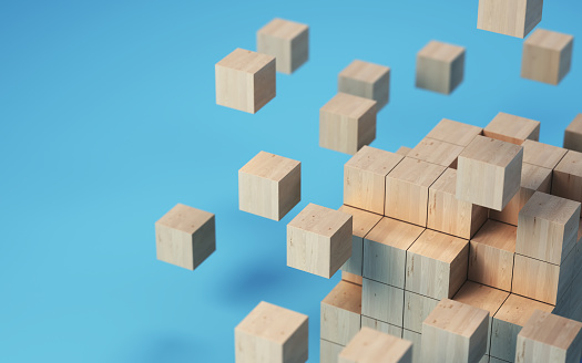 3d Render Cube Formation Made of Wooden Blocks on Soft Blue Background, Success, business, architectural, Growth Concept.