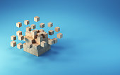Cube Formation Made of Wooden Blocks on Soft Blue Background