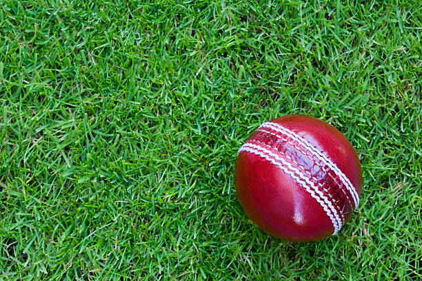 istock Red leather cricket ball on grass background 174677928