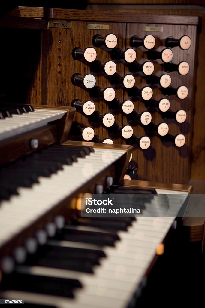 Tremolo Detail of organ keys. Chords and tones written on each one. Antique Stock Photo