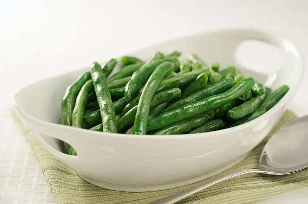 Freshly steamed green beans ready to be served.