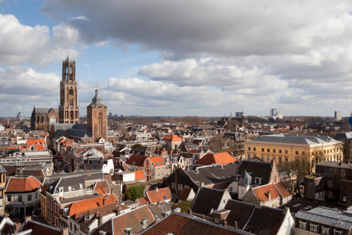 Aerial view of the medieval Dutch city centre of Utrecht with the wrapped church tower of the cathedral towering over the city
