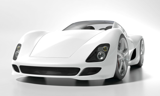 A white sports car in a studio setting. My own sports car design. Markings and designs on wheel and tyres are ficticious. Very high resolution 3D render.
