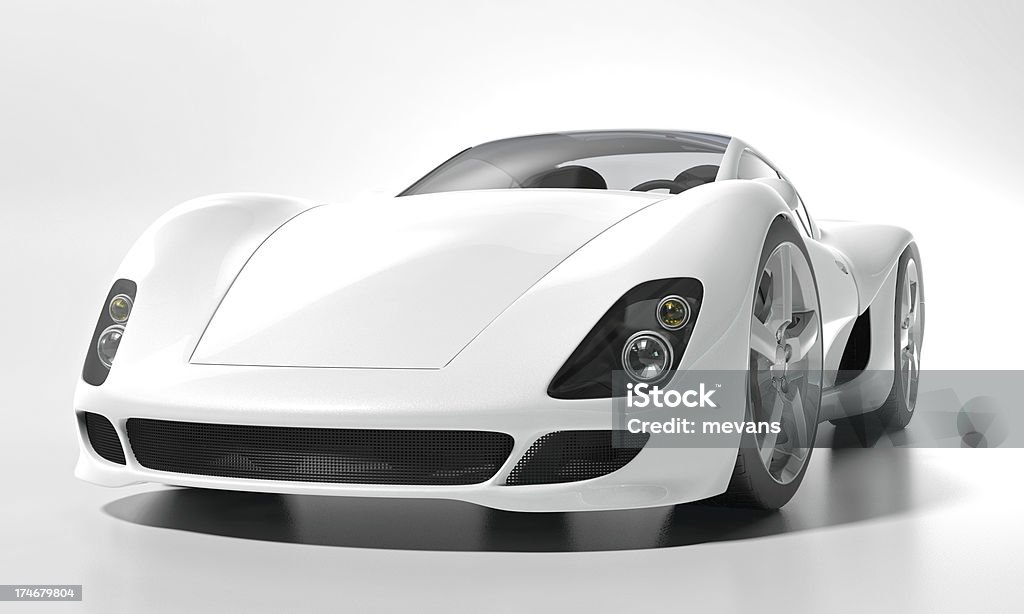 Sports Car A white sports car in a studio setting. My own sports car design. Markings and designs on wheel and tyres are ficticious. Very high resolution 3D render. White Color Stock Photo