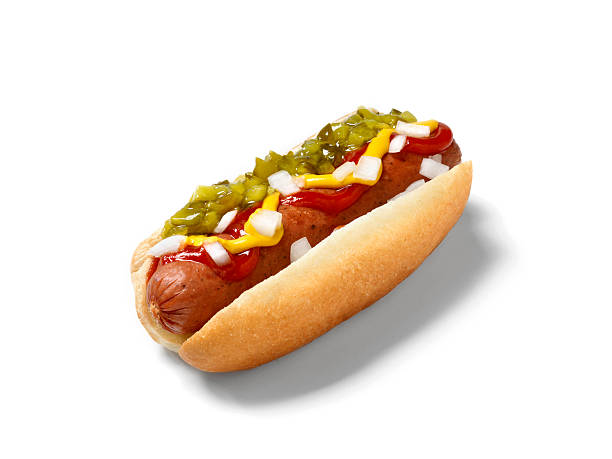 Hot Dog, Smokie "Hot Dog, Smokie (sausage) with Ketchup, Mustard, Relish and Onions - -Photographed on a Hasselblad H3D11-39 megapixel Camera System" relish stock pictures, royalty-free photos & images