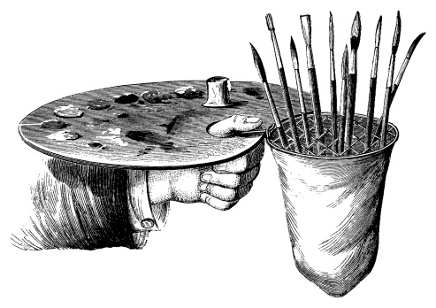 Antique engraving of a hand, holding brushes (isolated on white). Very high XXXL resolution image scanned at 600 dpi. 