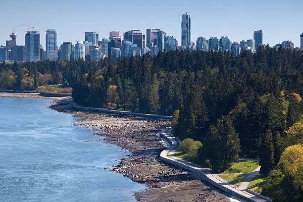 The skyline of Vancouver draping over the Stanley Park seawall.