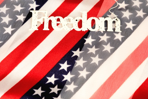 Stars and stripes fabric with metal freedom sign.For more Patriotic images click below.