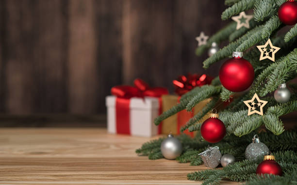 Christmas tree with wooden wall copy-space