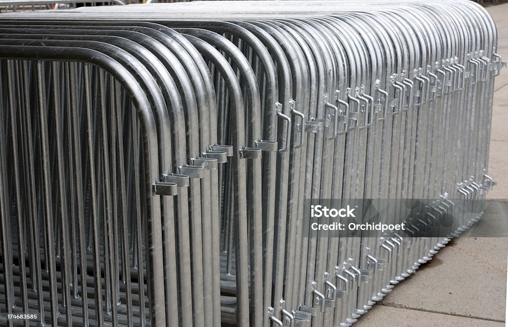 Crowd control barriers Metal crowd control barriers stacked together ready for event Alloy Stock Photo