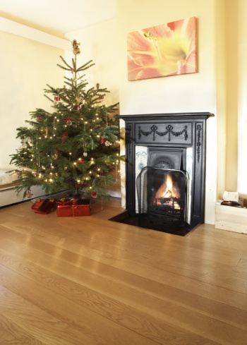 Real Christmas tree next to Victorian log fire in a domestic lounge. Click the banner below for more of my interiors