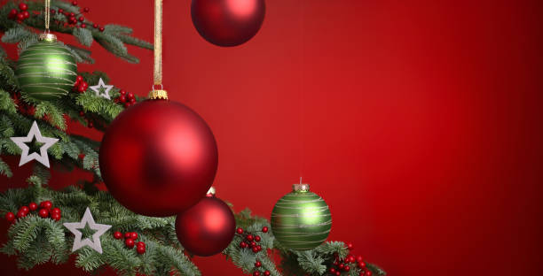 istock Red Christmas background with fir tree closeup 1746842292