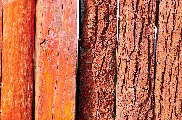 Grungy flaky orange paint background on a wooden fence.