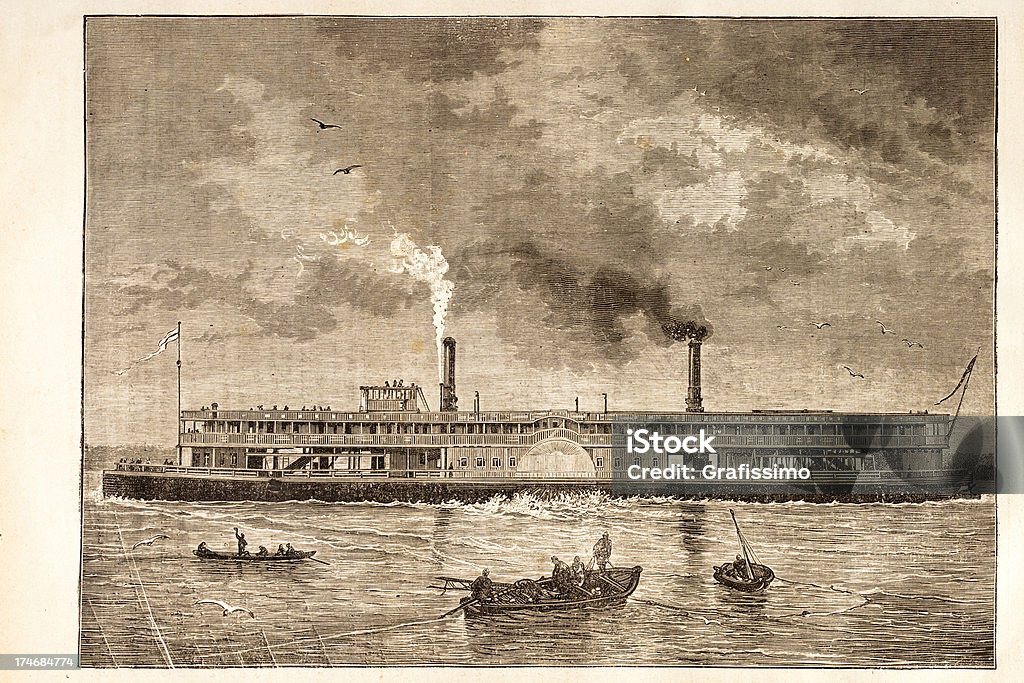 Gravieren Steamboat am Fluss Mississipi 1881 - Lizenzfrei Dampfschiff Stock-Illustration
