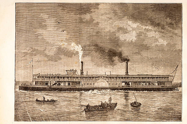 гравировка steamboat на реку mississipi 1881 - mississippi river illustrations stock illustrations