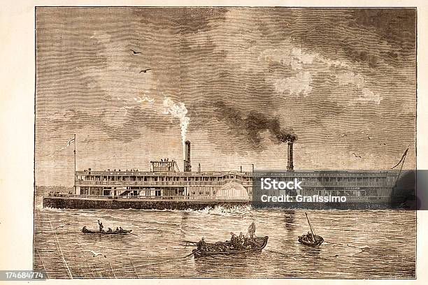 Гравировка Steamboat На Реку Mississipi 1881 — стоковая векторная графика и другие изображения на тему Миссисипи - Миссисипи, Пароход, Река Миссисипи