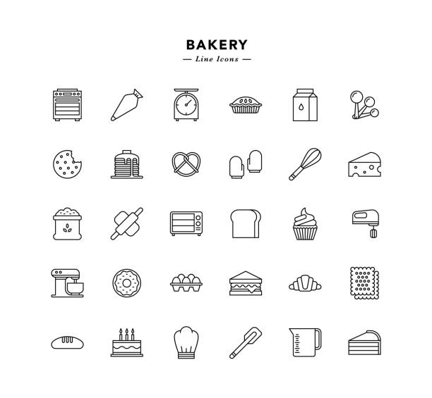 Bakery Line Icons Bakery Line Icons - Vector EPS 10 File, Pixel Perfect 30 Icons. apple pie cheese stock illustrations