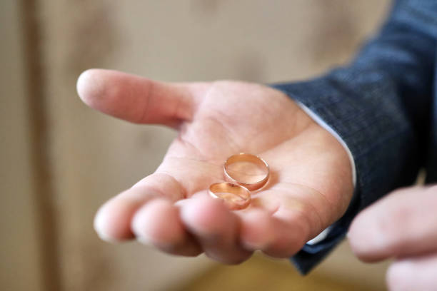 istock Two wedding rings on the groom's hand on the wedding day. 1746865605