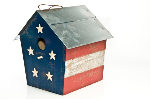 Red White Blue birdhouse symbolic of patriotism or American. Shot on white reflective surface.