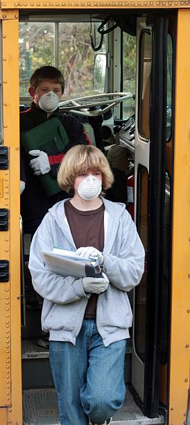 istock Students With Masks and Gloves Getting Off School Bus 174687257