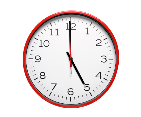 Clock with red frame set to one second before 5 o'clock.