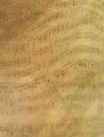 Sheet music is layered with mottled texture.