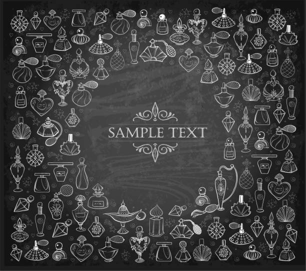 istock Design template with doodle perfume bottles and place for your text on blackboard background. Vector sketch illistration 1746887486