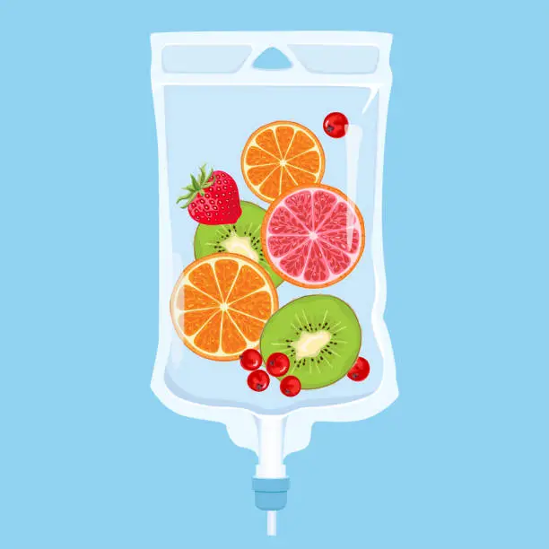 Vector illustration of IV Vitamin Drip Therapy.  Vector cartoon illustration of Fruit Saline Bag on blue background.