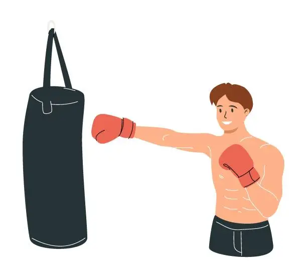 Vector illustration of Boy boxer with big bags of sand Boxing, exercising. Fitness, sport, exercise, will power and the concept of lifestyle.