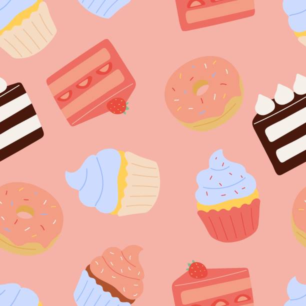 ilustrações de stock, clip art, desenhos animados e ícones de cupcake background. bright pattern of confetti and cupcakes decorated with cream, strawberry, hearts. - confetti celebration backgrounds event