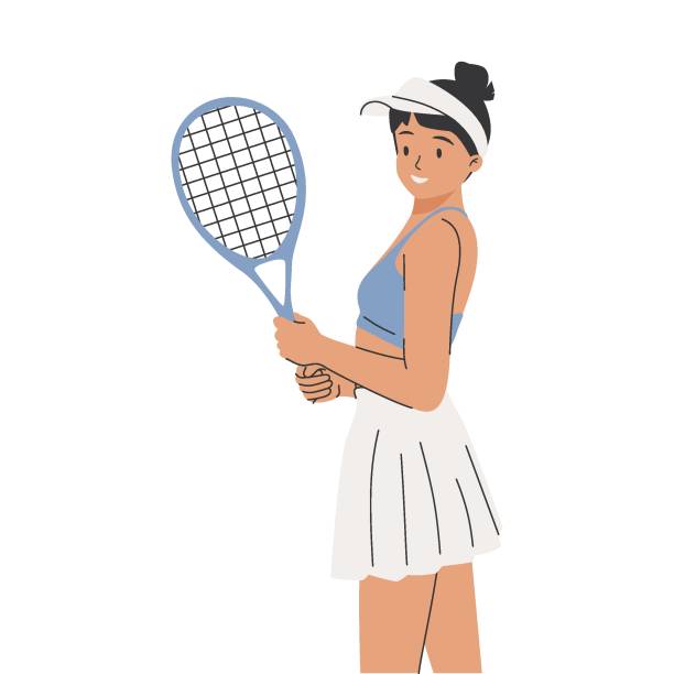 illustrations, cliparts, dessins animés et icônes de belle fille de dessin animé souriante jouant au tennis avec une raquette. c’est le moment de jouer au tennis et de s’étirer. - racket sport tennis ball tennis equipment