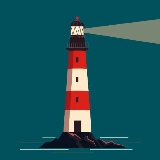 Vector illustration of Scenic landscape with lighthouse on sea or ocean coast at night. Seascape with light beams from coastal beacon.