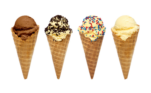 Four different ice cream cones set against a pure white background.