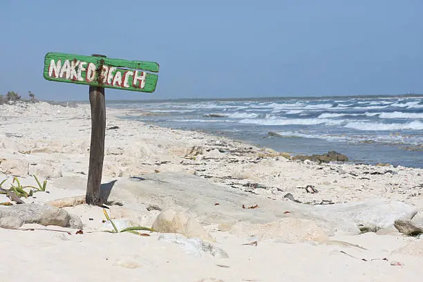 green painted naked beach sign on the shore in Mexico with the ocean in the background.