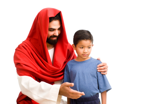 Jesus and a little boy posing in a white background
