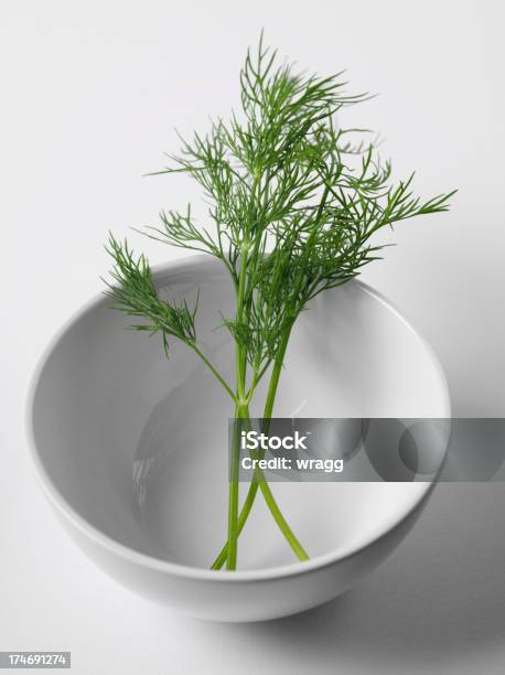Porcelain Bowl With A Sprig Dill Stock Photo - Download Image Now - Bowl, Copy Space, Dill