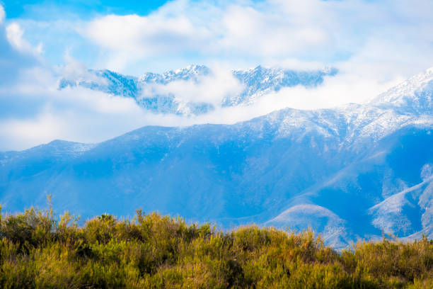 Cucamonga Foothills - Foreground Green Grass to White Clouds and Snowy Peaks in Background - fotografia de stock