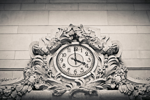 Ornate Beaux-Arts style clock in Vanderbilt Hall, Grand Central Terminal. Fine grain added.