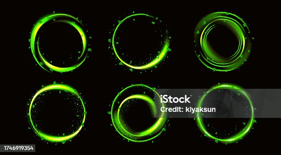 istock Magic green neon light glow circle with leaves 1746919354