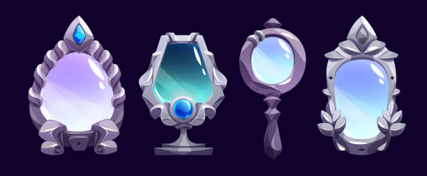 Cartoon set of medieval mirrors in silver frame Cartoon set of medieval mirrors in silver or stone retro frame isolated on background. Vector illustration of vintage glass accessory decorated with blue gemstone. Magic fortunetelling game asset fairy door fairy tale antique stock illustrations