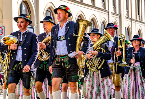 Munich, Germany - September 17: Typical Bavarian brass band at the procession for the opening of the Oktoberfest in Munich on September 17, 2023