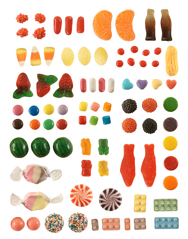 Huge collection of individual, colorful, classic candy pieces, precision isolated and set on a pure white background. Built from multiple high-resolution exposures, each piece is large and highly detailed, with tack-sharp focus with no depth of field.