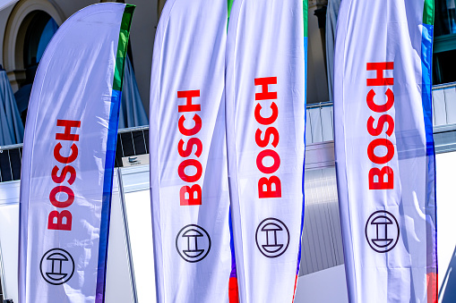 Munich, Germany - September 7: the Bosch loge welcome sign at the IAA mobility (international automobile exhibition) in Munich on September 7, 2023