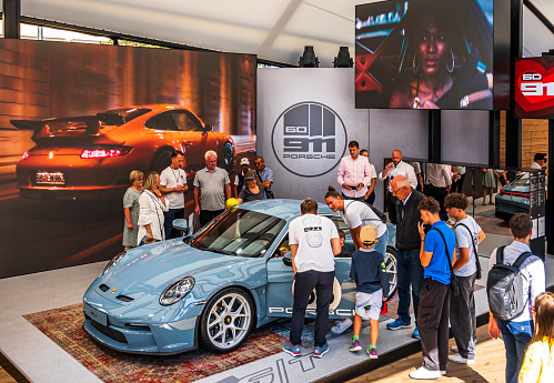 Munich, Germany - September 8: the Porsche car manufacturer's demonstration area at the IAA mobility (international automobile exhibition) in Munich on September 8, 2023